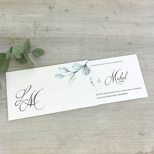 Svatební oznámení s větvičkou blahovičníku a monogramy