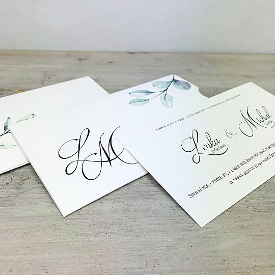 Svatební oznámení s větvičkou blahovičníku a monogramy