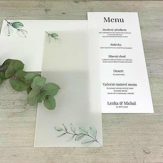 Svatební menu s pauzovacím papírem, s větvičkou blahovičníku