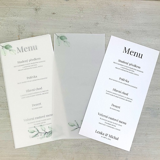 Svatební menu s pauzovacím papírem, s větvičkou blahovičníku