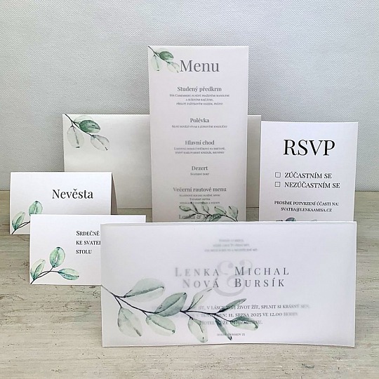 Svatební menu s pauzovacím papírem, s větvičkou blahovičníku