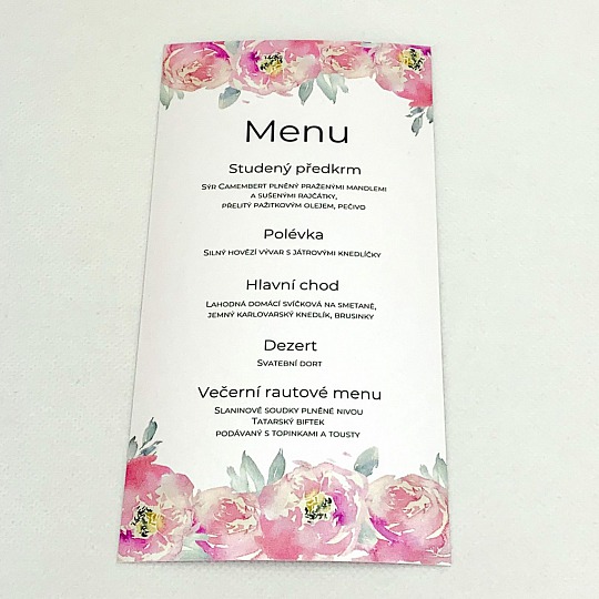 Svatební menu s květy pivoněk