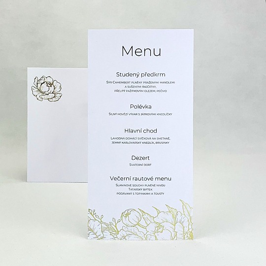 Svatební menu se zlatou ražbou květů