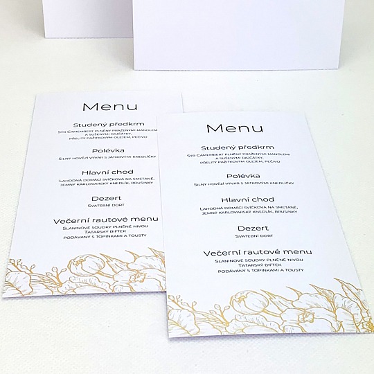 Svatební menu se zlatou ražbou květů