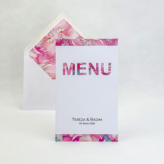 Svatební menu s akvarelovou kresbou květin