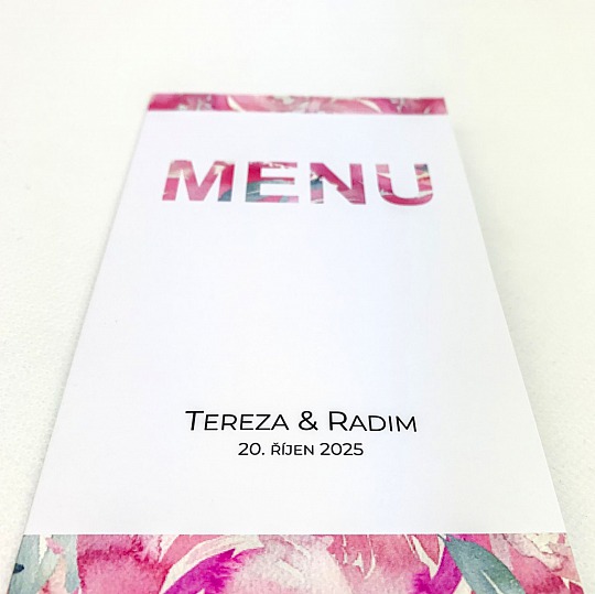 Svatební menu s akvarelovou kresbou květin