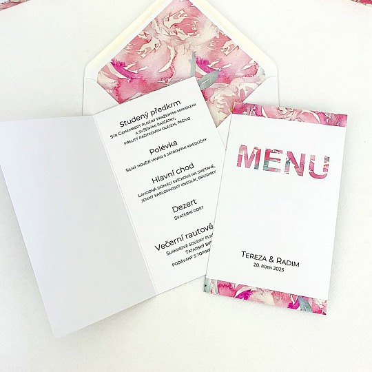 Svatební menu s akvarelovou kresbou květin
