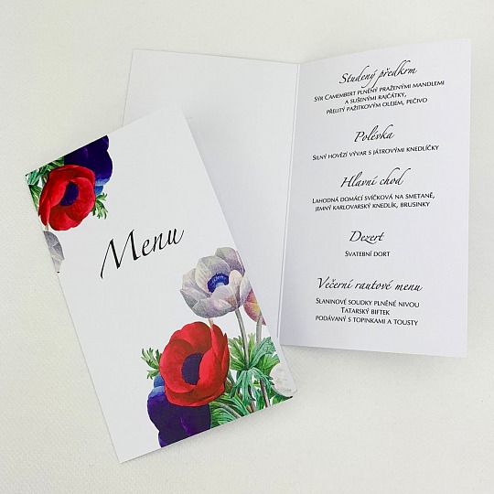 Svatební menu s barevnými květy sasanek