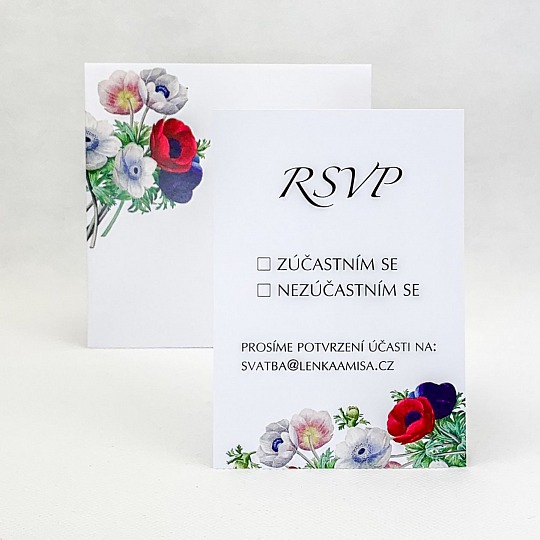 Svatební kartička s barevnými květy sasanek